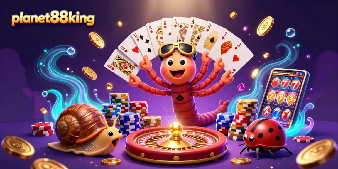 Experience the excitement of PLANET88KING with a dealer and vibrant casino elements in this 3D illustration