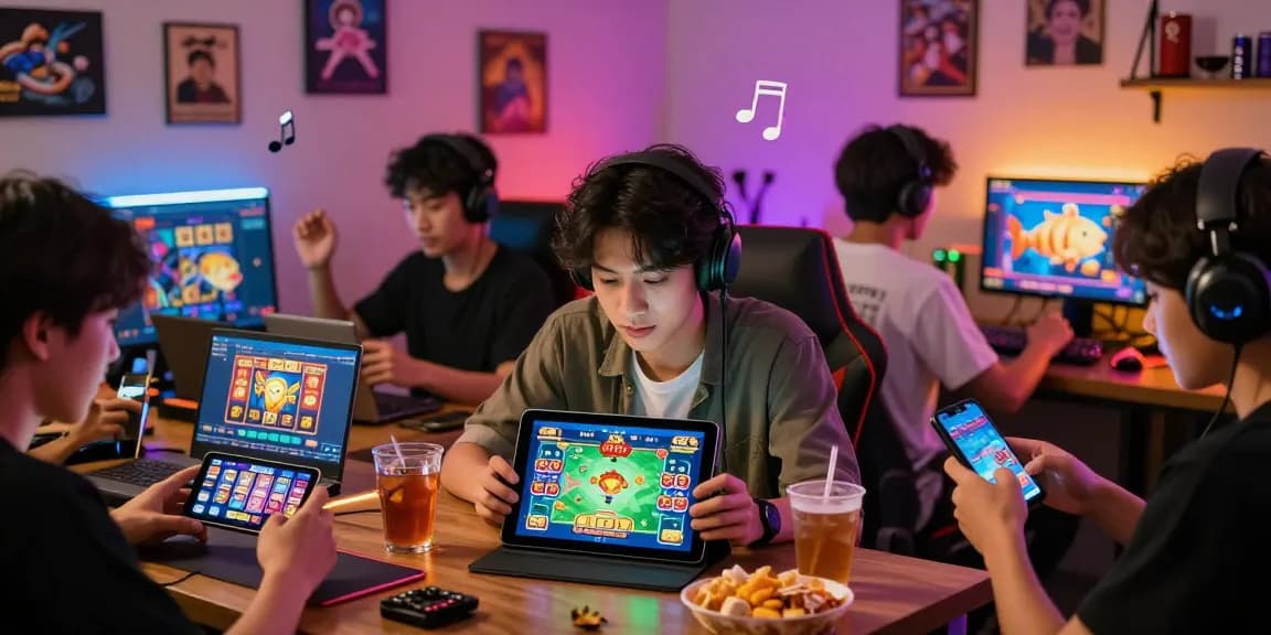 Dynamic gaming scene with players enjoying 68 game bài on various devices, showcasing excitement and camaraderie.