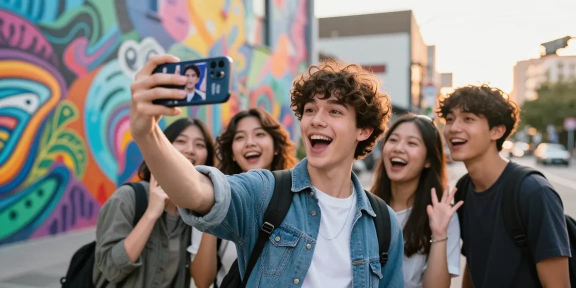 Person taking a selfie in an urban setting, excitedly discovering who they look like celebrities using an AI app.