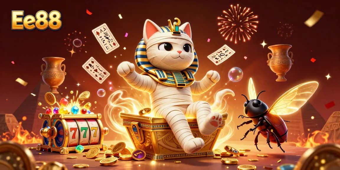 Experience the thrilling ambiance of Ee88 with a vibrant, dynamic casino scene featuring an Egyptian mummy and treasures.