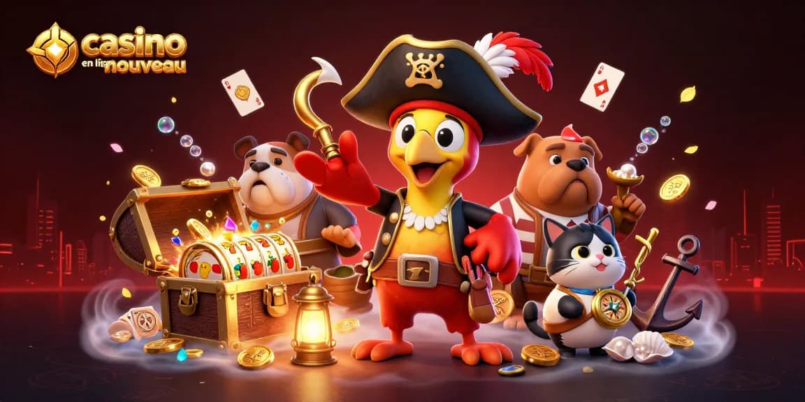 Illustration dynamique d'un casino en ligne nouveau avec un pirate et des éléments de jeu captivants.