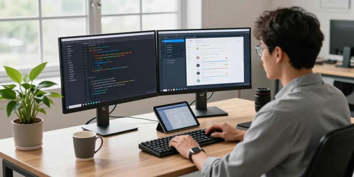 快连's innovative tech workspace with developer coding and advanced UI designs.