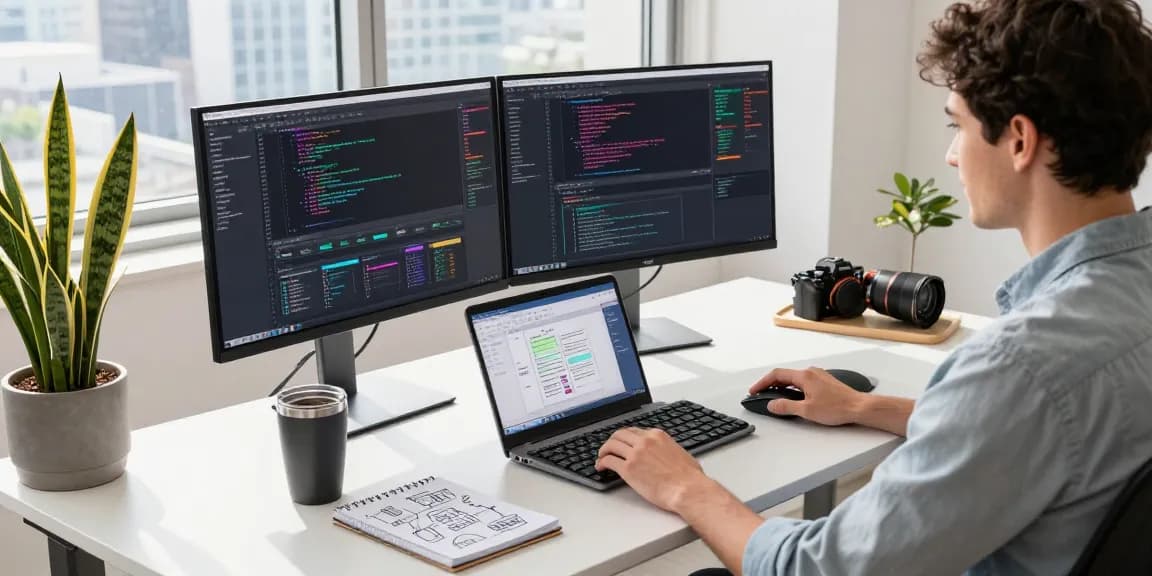 Developer in modern office coding on dual monitors at teiegramin.com workspace.