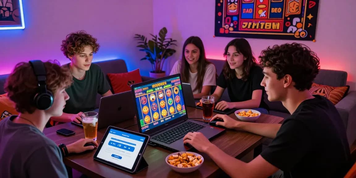 Friends enjoying a thrilling session on a slot depo 1k site, featuring lively atmosphere and game interface.