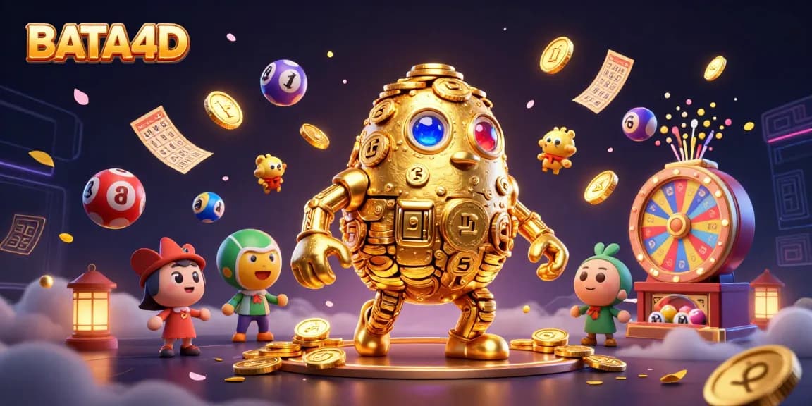 BATA4D's dynamic casino scene showcases a golden golem surrounded by lottery elements, creating a captivating gambling atmosphere.
