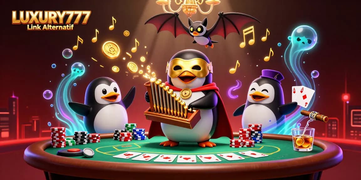 Permainan LUXURY777 Link Alternatif dengan penguin opera dan bat akrobat dalam suasana kasino megah.