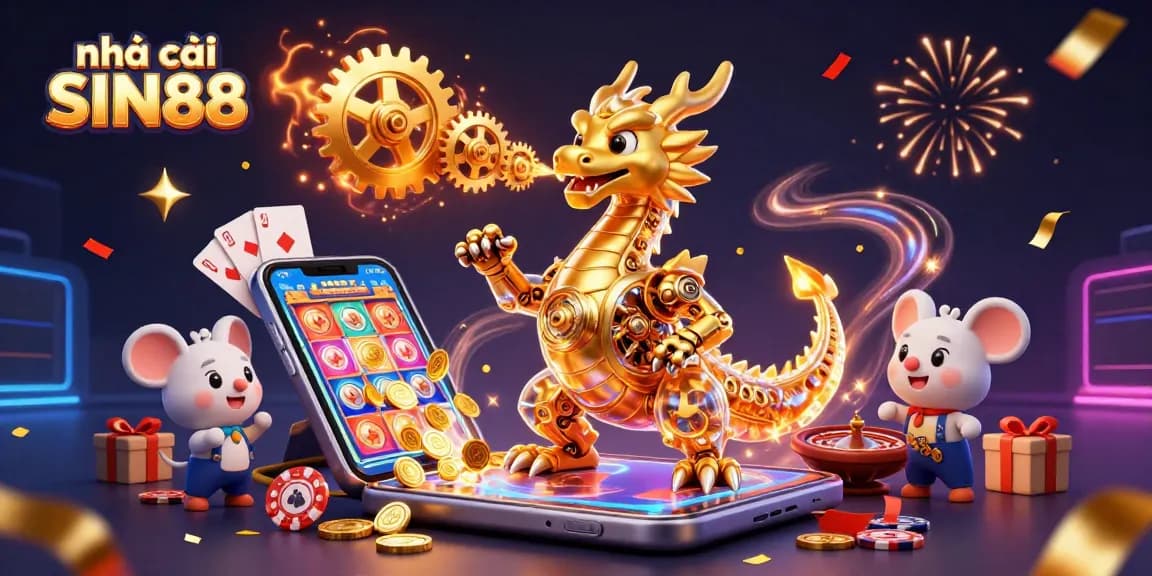 Engage with nhà cái SIN88, featuring a golden biomechanical dragon amidst vibrant casino elements.