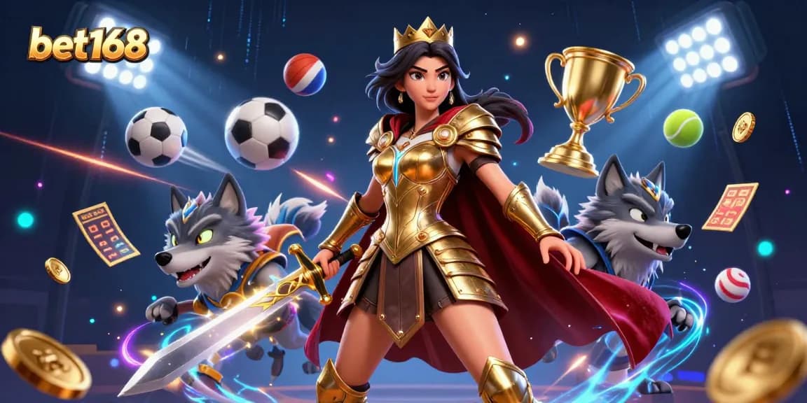 Experience thrilling action at bet168 with a captivating warrior queen and her companion amid dynamic sports betting elements.