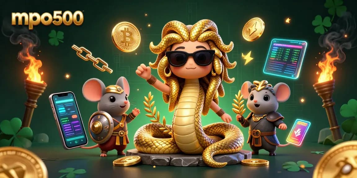 Engage with mpo500 while winning at slots, surrounded by vibrant golden elements and crypto coins.