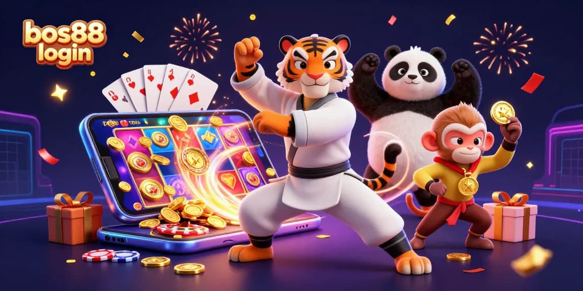 Engage with bos88 login at this thrilling 3D illustration of a tiger, panda, and monkey celebrating gaming.