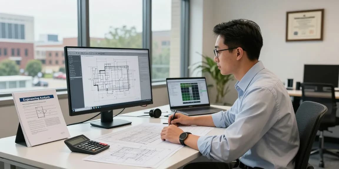 Engineering expert witness in Missouri reviewing plans at a professional desk, demonstrating expertise and dedication.