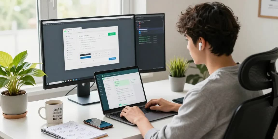 Professional using WhatsApp網頁版 on laptop in a bright home office.
