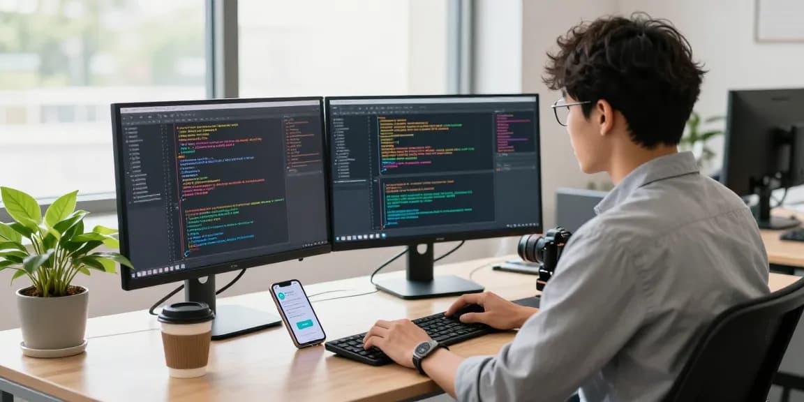 纸飞机中文版 coding workspace with a developer at dual monitors, showcasing Telegram usage and modern office elements.
