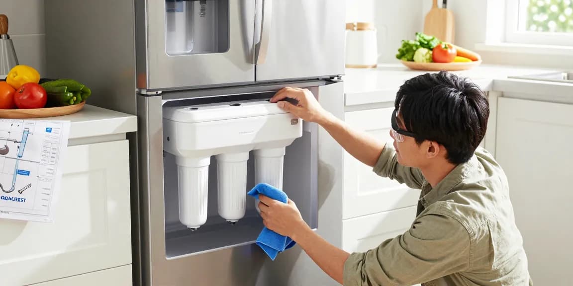 AQUACREST DW2042FR-09 Refrigerator Water Filter installation in a bright kitchen, showcasing tools and clean environment.