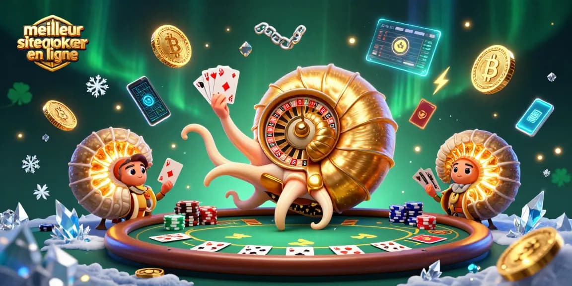 Découvrez le meilleur site de poker en ligne avec une illustration dynamique de nautilus ancien, cartes à jouer et éléments numériques qui s'animent.