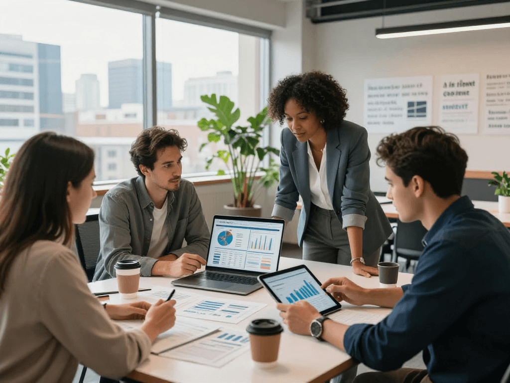 Professionals collaborating in a modern workspace analyzing data trends at https://koperasisantun.com/ for financial success.