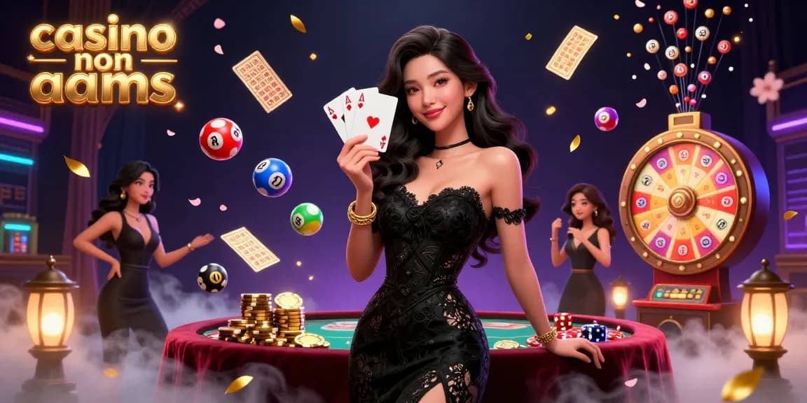 Scena coinvolgente che rappresenta una donna asiatica elegante con carte da gioco a tema casinò non aams e vivaci elementi della lotteria.