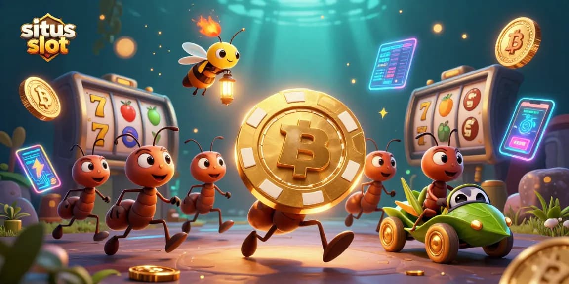Bermain situs slot dengan keseruan dari karakter kartun semut mencuri chip poker emas, di bawah cahaya kunang-kunang.