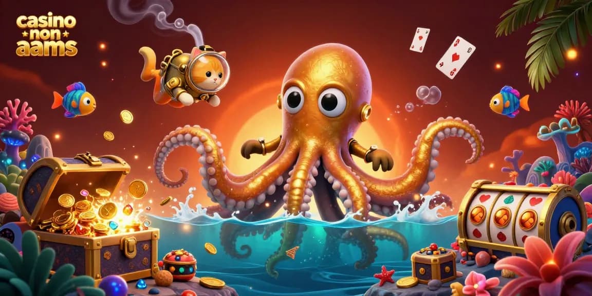 Vivi un'esperienza di gioco emozionante nei casino non aams con un kraken dei cartoni animati, tesori e vivaci elementi da casinò.