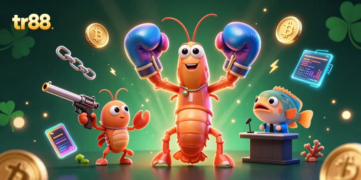 Engaging tr88 casino scene with energetic shrimp characters and vibrant crypto elements.