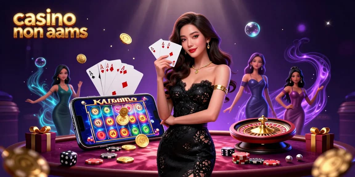 Scopri il brivido del casino non aams con un'illustrazione 3D mozzafiato di una donna asiatica elegante che tiene in mano delle carte da gioco tra elementi da casino.