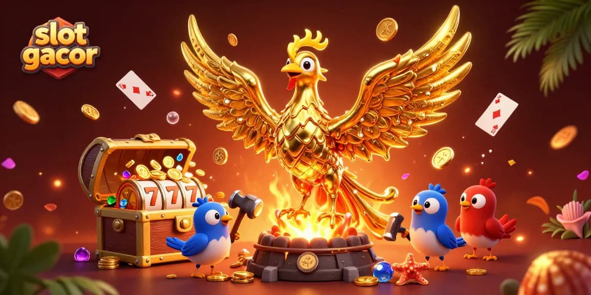Experience the slot gacor action with a golden phoenix and dynamic casino elements in this vibrant illustration.
