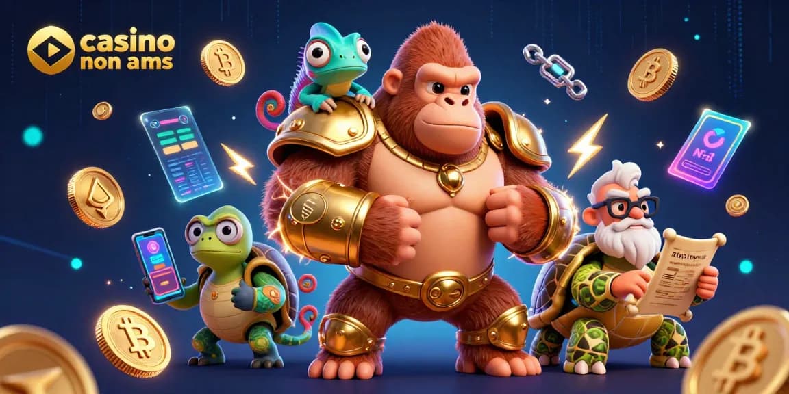 Interagisci con le strategie dei casinò non AAMS attraverso una vivace scena 3D del gorilla re che mostra elementi cripto e personaggi colorati.