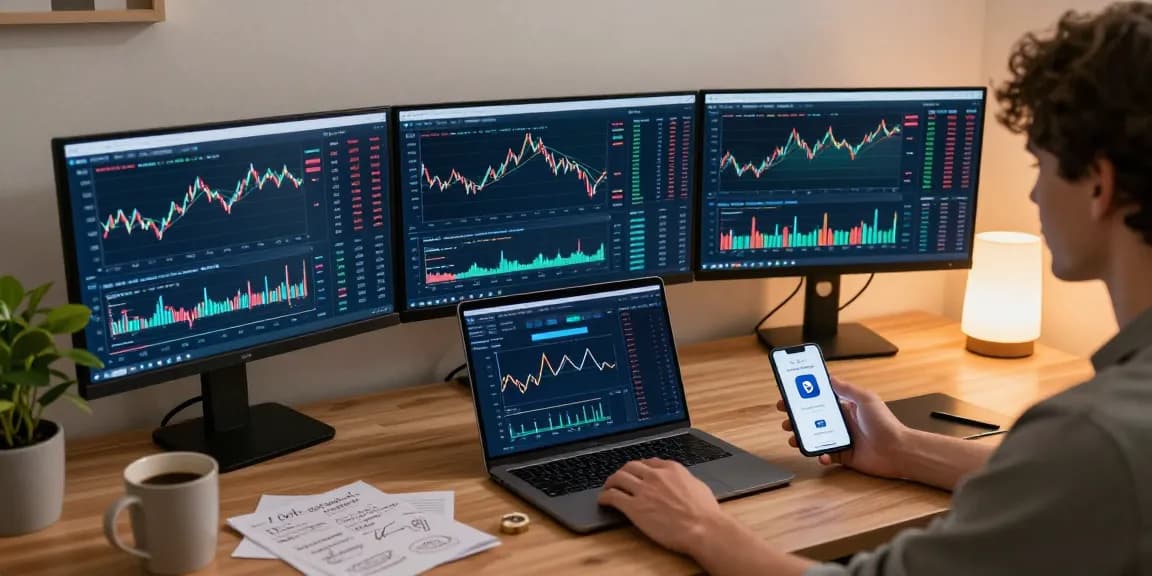 Funexchange platform on multiple monitors showcasing cryptocurrency trading and DeFi analytics in a secure workspace.