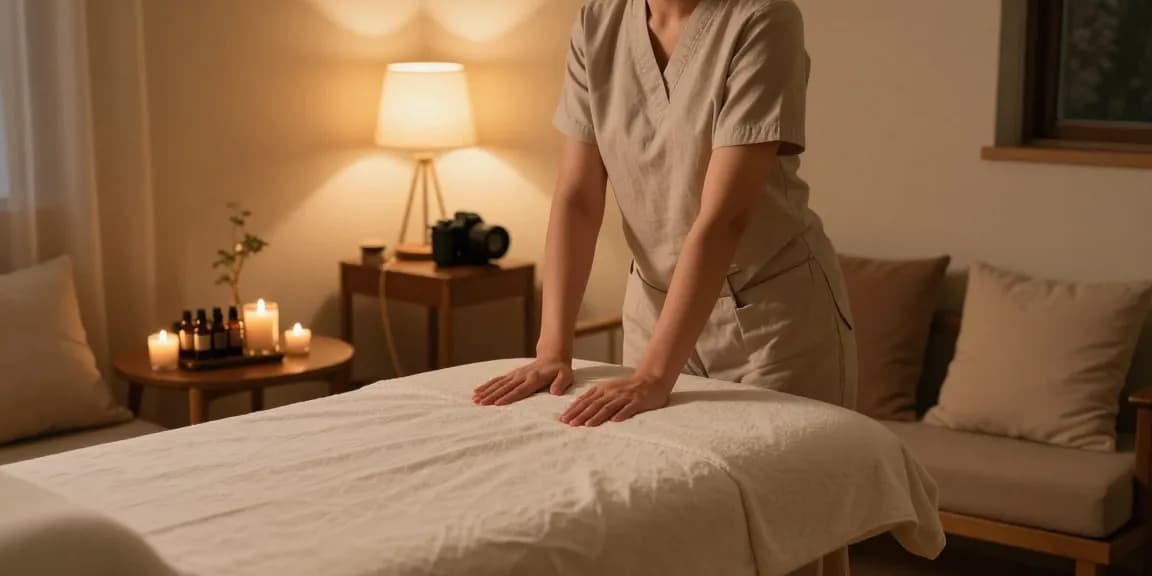 서울출장안마 service in a cozy home setting with a massage therapist preparing for relaxation.