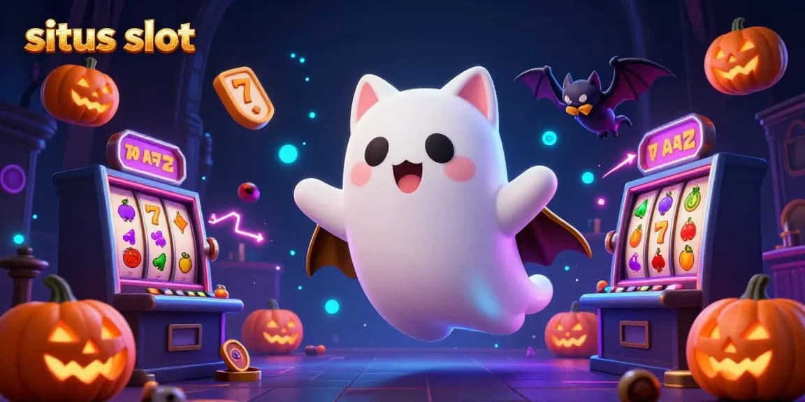 Engage with the exhilarating situs slot experience featuring a floating ghost cat and vibrant slot elements.