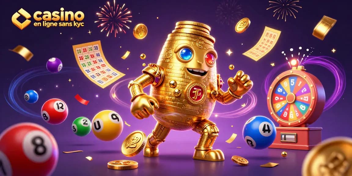Participer à un jeu passionnant de casino en ligne sans KYC avec un golem doré et des ballons de loterie.