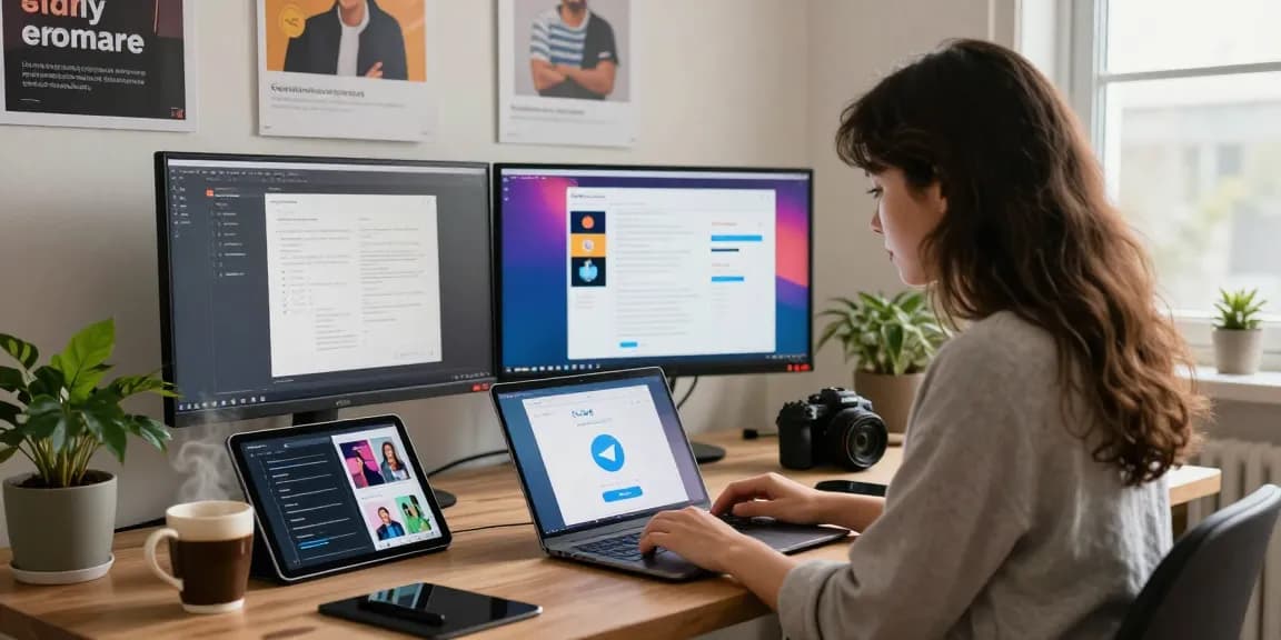 Downloading Telegram China free version on laptop in modern home office setting with tech gear and warm lighting.
