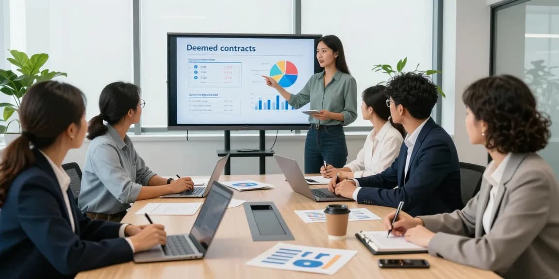 Team discussing deemed contracts business electricity in modern office.
