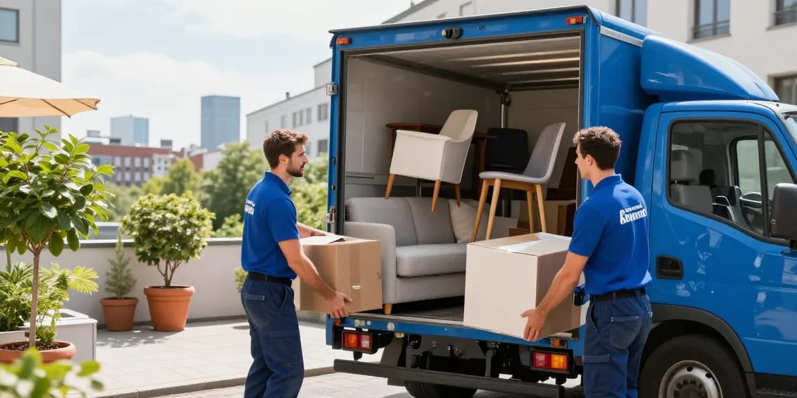Efficient Wohnungsentrümpelung Berlin team loading furniture into a truck amidst an urban backdrop, showcasing professional and reliable service.