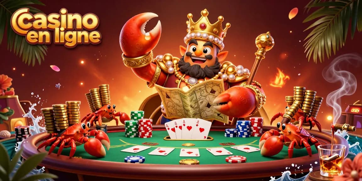 Jouez au casino en ligne avec un crabe empereur et ses serviteurs, entouré de jetons dorés.