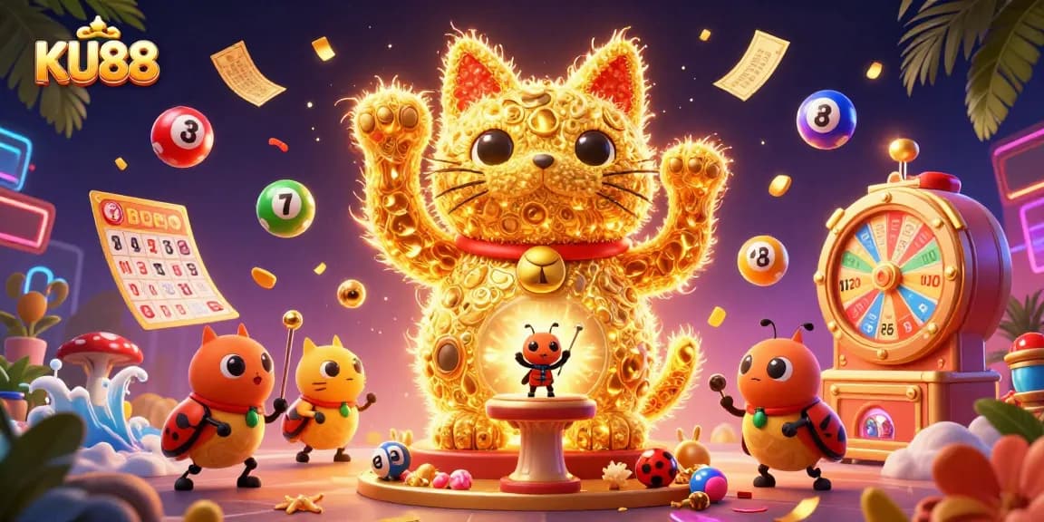 Experience luck and excitement with KU88's vibrant casino scene, featuring a magical lucky cat.