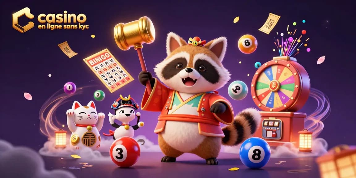Illustration dynamique de casino en ligne sans KYC avec tanuki et chats maneki-neko, loto et effets magiques.