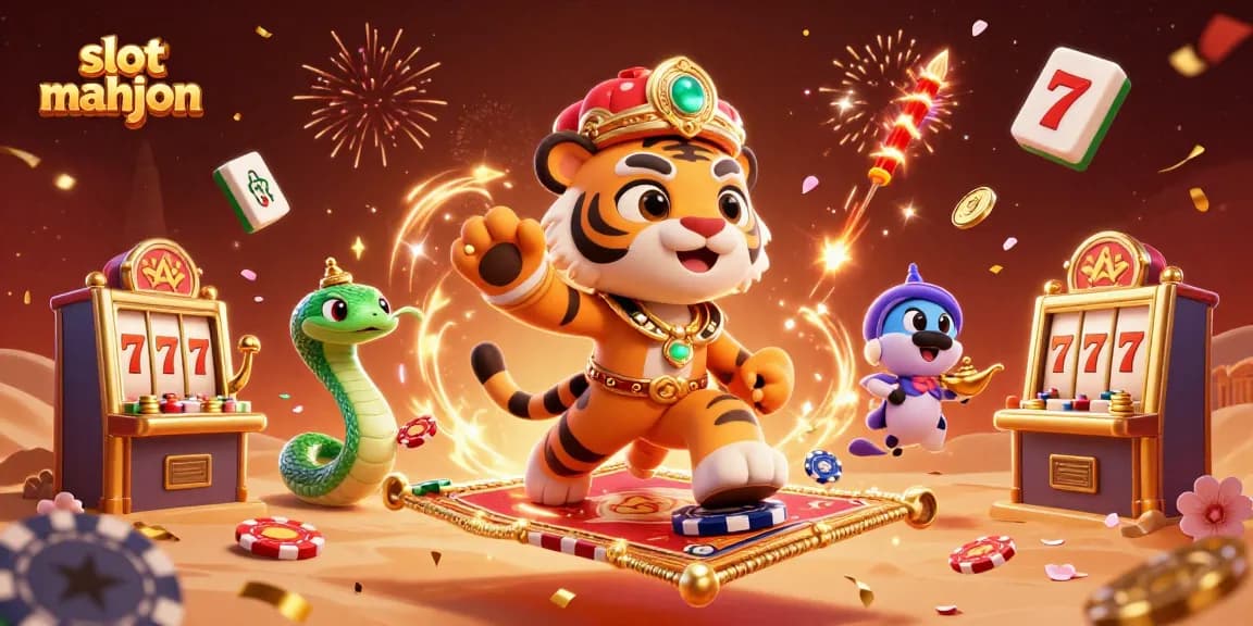 Spin lucky slot mahjong with a tiger sultan and casino-themed elements in a vibrant celebration scene.