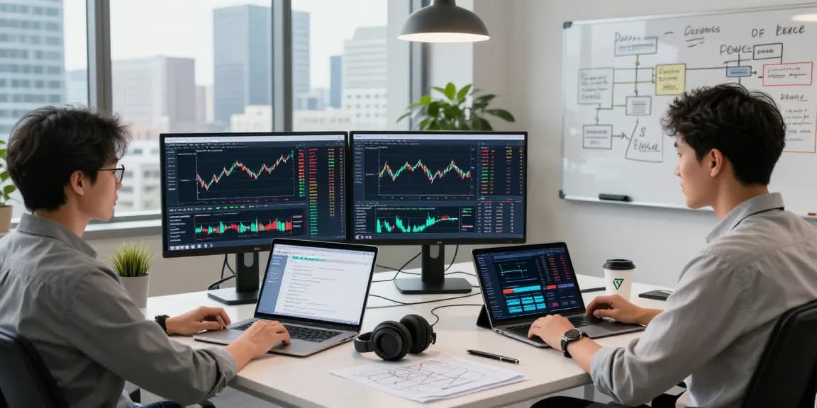 Developer analyzing real-time quantitative trading data feed at innovative financial tech workspace with multiple monitors.