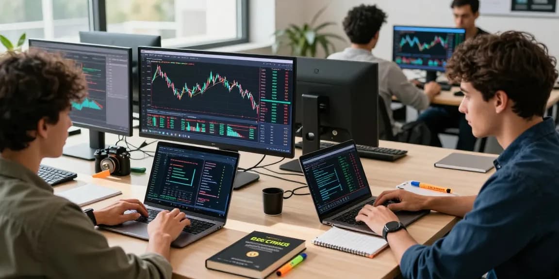 Cricbet99 trading professionals analyzing crypto metrics in modern co-working space with advanced technology and tools.