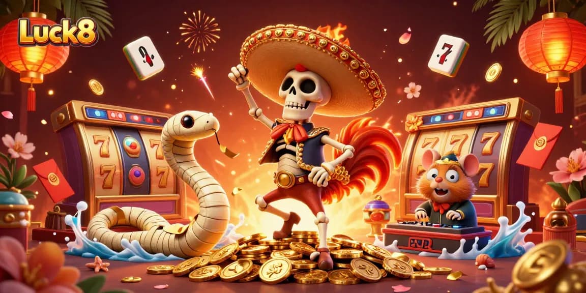 Luck8 brings excitement with a vibrant 3D casino illustration full of games and jackpots.