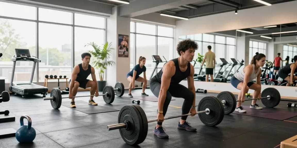Athletes exercising at Deus Medical Shop gym highlighting diverse training styles in a vibrant fitness studio environment.