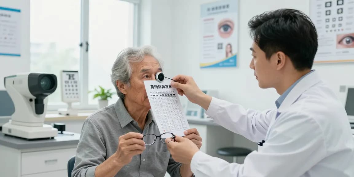 Senior patient undergoing 黃斑病變檢查 in a modern clinic with a healthcare professional.