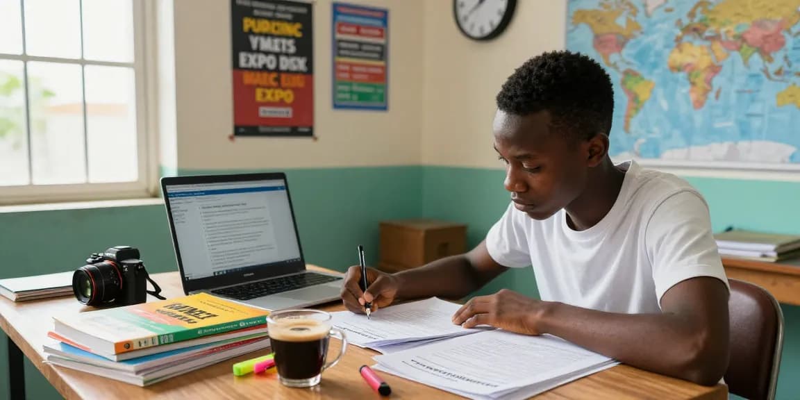 Student preparing for the 2026 waec expo in a bright study room.
