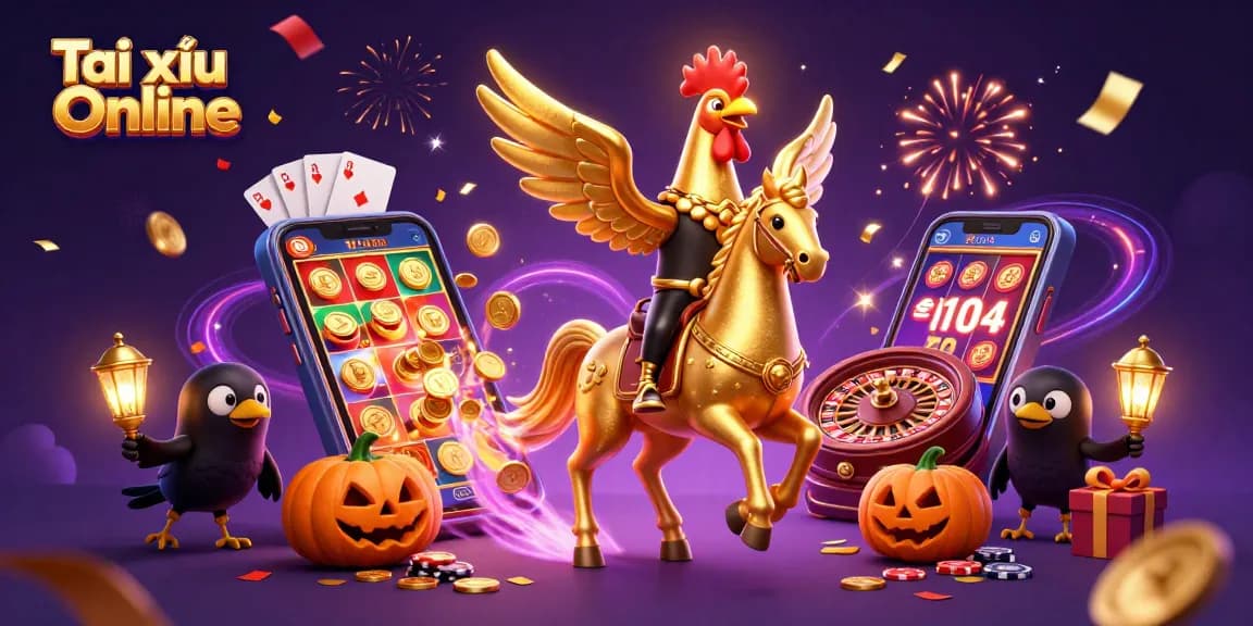 Tài xỉu Online adventures unfold with a golden rooster cowboy riding through a casino world.