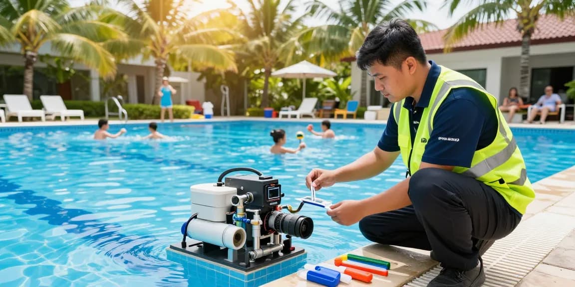Service technician performing servis bazenske tehnike on pool equipment, ensuring clean and safe water for users in a sunny outdoor setting.