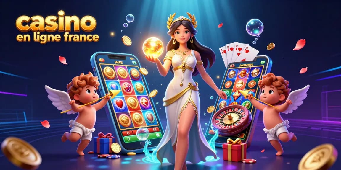 Interagissez avec l'illustration dynamique de casino en ligne France mettant en vedette une déesse grecque et des chérubins de Cupidon.
