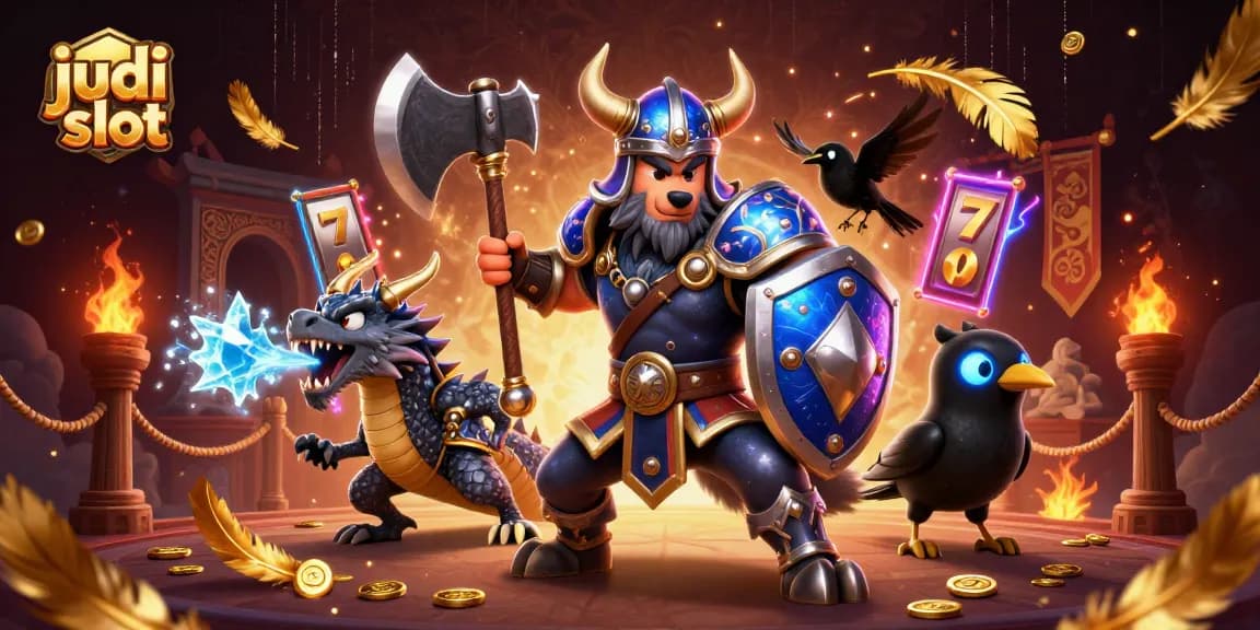 Experience thrilling judi slot action with a Viking warrior, dragon, and vibrant casino elements.
