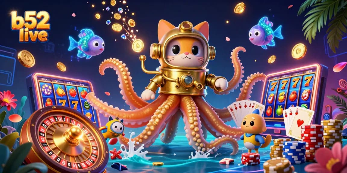 Experience b52 live excitement with a kraken, diving cat, and sparkling casino elements.