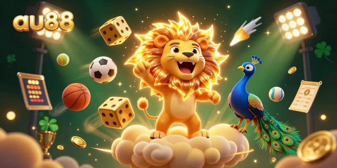 Experience the thrill of au88 with a vibrant 3D casino scene filled with golden mane lion, golden dice, and sports elements.